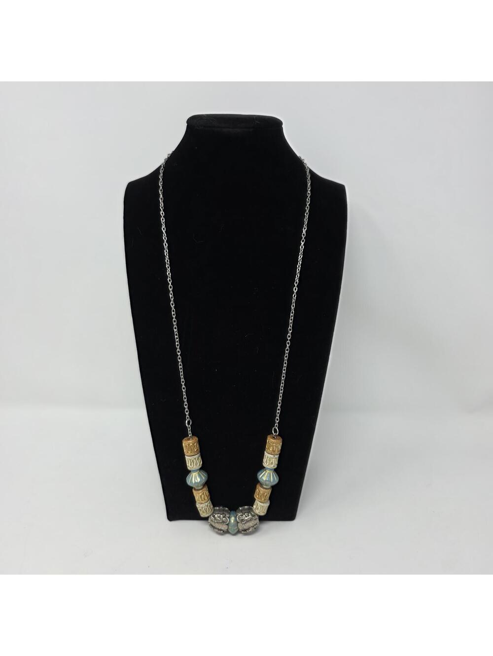 Vintage Egyptian Revival Style Necklace Scarab Beads Gold Blue 13 Inch
